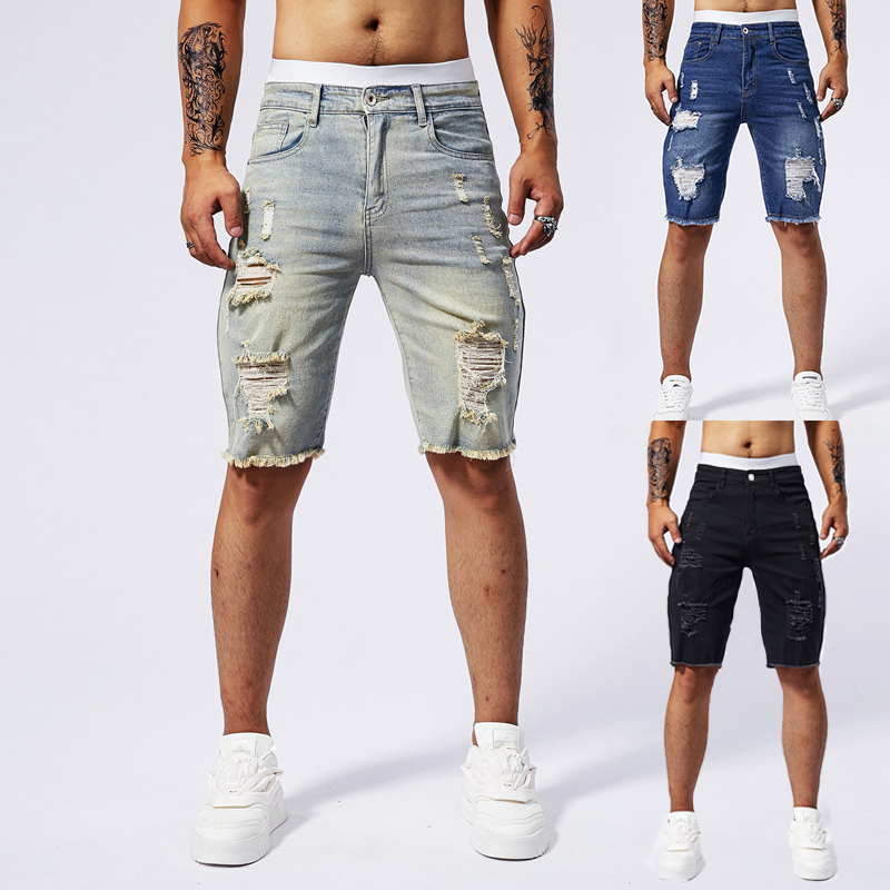 Streetwear Brand Denim - 2025 夏の新メンズリッピングデニムショーツファッションヴィンテージ穴ストリートストレッチスリム膝丈ショートパンツトレンディなブランド男性